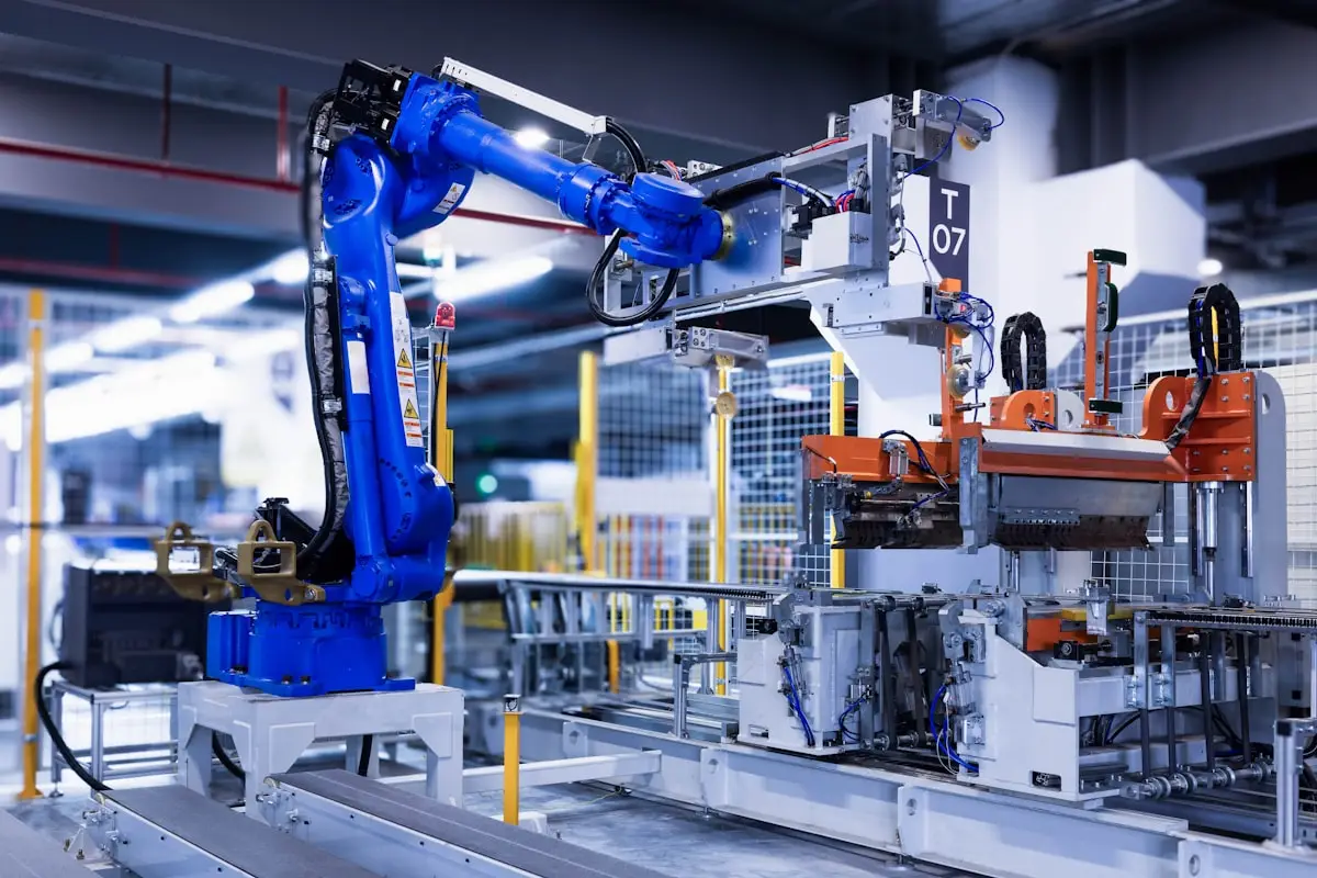 Blue industrial robot arm on a manufacturing line